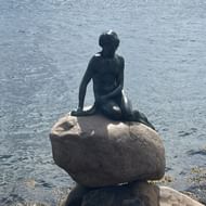 Bronzestatue der kleinen Meerjungfrau auf einem großen Felsen am Wasser im Kopenhagener Hafen, mit ruhigem blauen Wasser im Hintergrund.