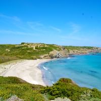 Vue côtière pittoresque d'une plage de sable blanc vierge à Minorque avec des eaux turquoise, des falaises couvertes de végétation verte.