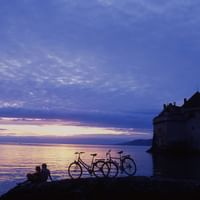 Evening atmosphere at Chillon Castle on Lake Geneva. Rhone route. Cycling holidays with Eurotrek.
