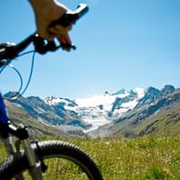 The handlebars of a blue mountain bike on a lush green meadow between the mountains in bright sunshine.