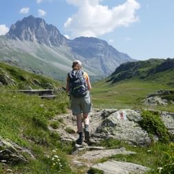 Wanderin läuft über einen Steinabschnitt über die Almwiese auf die Berge im Hintergrund zu.