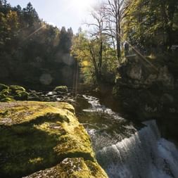 Saut du Doubs Wasserfall stürzt über moosbewachsene Felsen in einer bewaldeten Schlucht mit Sonnenlicht durch Herbstbäume.