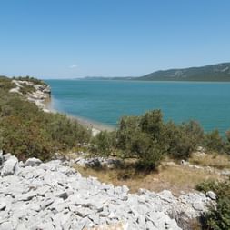 Vransko-See in Kroatien mit türkisfarbenem Wasser, felsiger Uferlinie mit weißen Steinen, grüner Vegetation und Bergen im Hintergrund unter klarem Himmel.