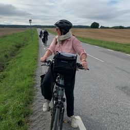 Radfahrerin in rosa Jacke mit Helm und Taschen auf asphaltierter Straße durch Ackerland. Weitere Radfahrer voraus unter bewölktem Himmel.