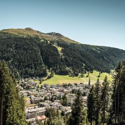 Zwischen Bergen und Tannen, in der Mitte des Bildes, ist Davos bei strahlendem Sonnenschein.