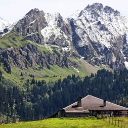 Das Dach eines kleinen Hauses vor einer teilweise mit Schneebedeckten Berglandschaft.
