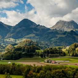 View of a mountain landscape in Gruyères in the canton of Fribourg.