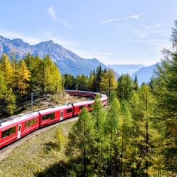 Rhaetien Railway se faufilent à travers le paysage montagneux.