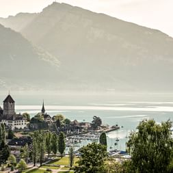 Aerial view of Spiez Castle on Lake Thun.