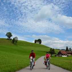 A couple is cycling on a road between pastures. On the right in the background is a farm with an attached barn.