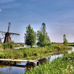 Moulins à vent hollandais traditionnels de Kinderdijk se reflétant dans les eaux du canal, entourés de végétation verte luxuriante.
