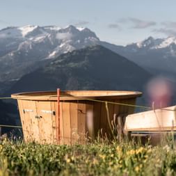 Grand caquelon à fondue en bois sur un pré alpin verdoyant avec des montagnes enneigées en arrière-plan près de Gstaad, Suisse.