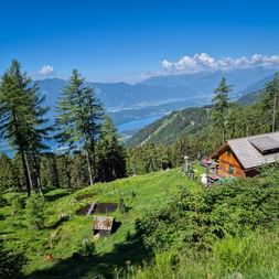 Holzhütte auf grüner Almwiese mit Blick auf den Millstätter See im Tal, umgeben von Nadelbäumen und Bergen.