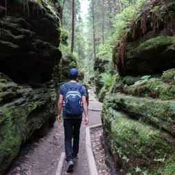 Wanderer mit blauem Rucksack auf Holzsteg durch enge Schlucht auf dem Malerweg. Moosbewachsene Felswände und Farne säumen den Weg.