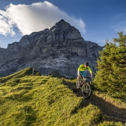 Mountainbiker fährt einem Berg hinunter auf der Grossen Scheidegg in Grindelwald.