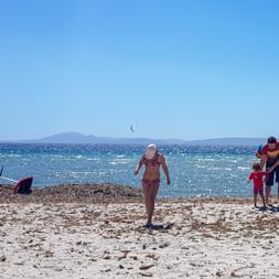 Vorne ist der Sandstrand mit Sonnengeniessern. Hinter dem Strand ist das blaue ruhige Meer uber dem 3 Paraglider durch die Lüfte schweben. Im Hintergrund sind schwach Berge unter einem Wolkenlosen, strahlen blauen Himmel.