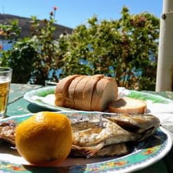 Tisch im Freien mit gegrilltem Fisch, Zitrone, Brot und Bier mit Blick auf blaues Meer und blühende Büsche in Albanien.