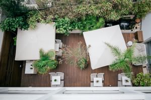 Luftaufnahme der Macarico Beach Hotel Terrasse mit weißen Sonnenschirmen, Holzterrasse, tropischen Pflanzen und Sitzbereichen.