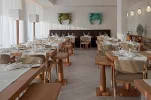 Modernes Restaurant-Interieur mit Holztischen, beigen Stühlen, weißen Wänden, dekorativer Palmenkunst und Pendelleuchten im Furadouro Beach & Spa.