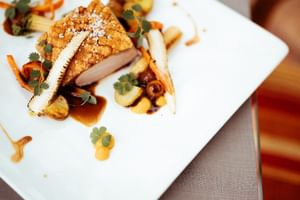 Elegant angerichtetes Schweinefleisch mit goldener Kruste, geröstetem Gemüse, dunkler Sauce und Microgreens auf weißem Teller.