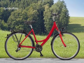 Red step-through touring bicycle with rear rack and black accessories, positioned on roadside with green meadow and forest in background.