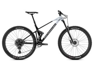 Mondraker Raze full suspension MTB with light blue and black frame, front suspension fork, disc brakes, and knobby tires on white background.