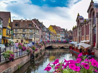 Canal en Alsace avec maisons à colombages colorées, pont de pierre et fleurs roses au premier plan. Bâtiments historiques bordent les deux côtés.