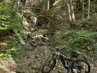 Schwarzes Mountainbike auf einem steinbedeckten Waldweg bei Delsberg. Ein kleiner Bach fließt durch die bewaldete Schlucht mit hohen Bäumen.