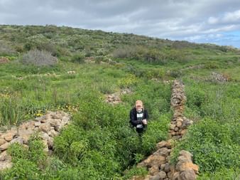 Wanderer auf Steinpfad durch hohes Gras Wanderer in dunkler Kleidung auf steingesäumtem Pfad durch dichtes hohes Gras auf El Hierro, mit grünen Hügeln unter bewölktem Himmel.