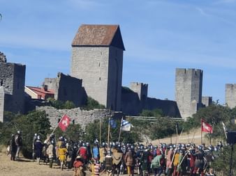 Als Ritter verkleidete Menschen stehen auf einem Feld vor einer Burg in Visby.