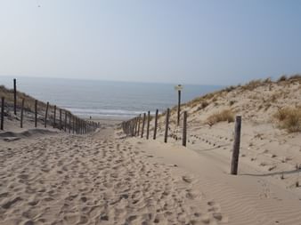 Sentier en bois avec rampes menant à travers les dunes de sable vers une plage en Hollande. L'herbe des dunes couvre les collines sableuses.