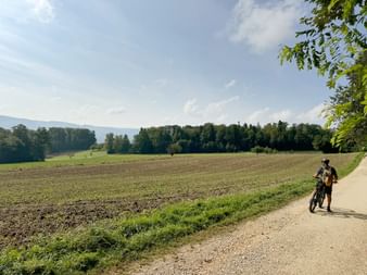 Radfahrer mit Velo auf asphaltierter Straße neben landwirtschaftlichen Feldern zwischen Basel und Laufen, mit bewaldeten Hügeln im Hintergrund.
