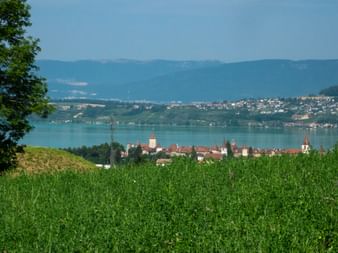 Panorama auf die Altstadt von Murten mit dem türkisfarbenen Murtensee im Vordergrund und Bergen im Hintergrund.