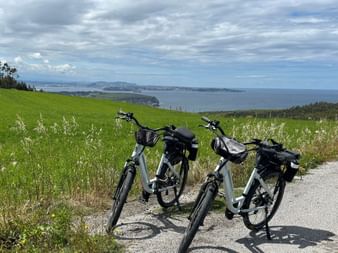 Zwei E-Bikes auf einem Weg neben einer grünen Wiese, mit Blick auf die nordspanische Küste nahe Santander unter bewölktem Himmel.