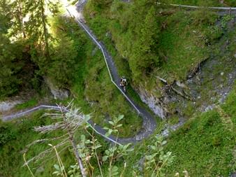 Steiler Bergpfad auf dem ein Mountainbiker hinabfährt.