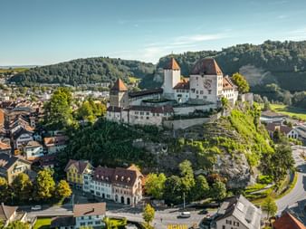 A bird's eye view of Burgdorf Castle and the old town.