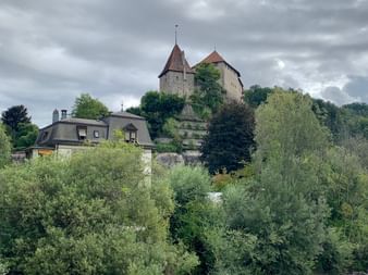 Blick auf Laupen mit dem Schloss auf einem bewaldeten Hügel.
