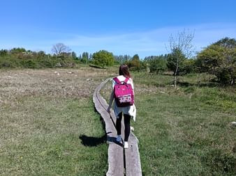 Frau mit pinkem Rucksack auf Holzsteg durch Graslandschaft unter blauem Himmel am Österlenleden zwischen Skillinge und Simrishamn.