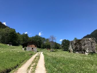 Naturstasse zwischen saftigen und blühenden Wiesen. Vereinzelt stehen Rusticohäuschen und auf der rechten Seite ist ein riesiger Felsklumpen.