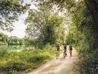 Three cyclists next to a river