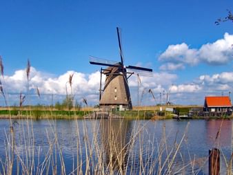Traditional Dutch windmill beside a pond with reeds in foreground, red-roofed house nearby, under blue sky with white clouds in Holland.