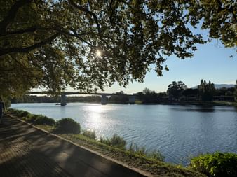 Blick auf den Fluss Rio Lima mit einer Steinbrücke in Ponte de Lima. Baumzweige rahmen die Szene, Sonnenlicht spiegelt sich im Wasser, Uferweg sichtbar.