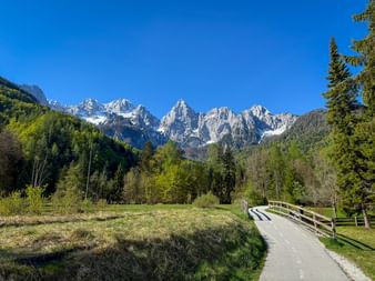 Asphaltierter Radweg durch grüne Wiese mit Holzbrücke, umgeben von Wald und schneebedeckten Gipfeln der Julischen Alpen unter blauem Himmel.
