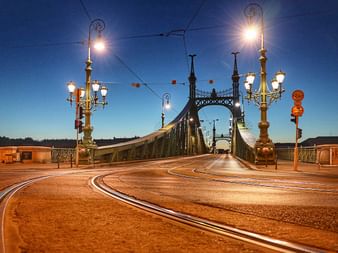 Nachtaufnahme der Freiheitsbrücke in Budapest