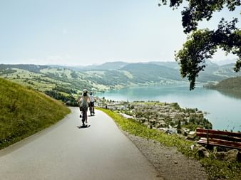 Deux cyclistes sur une route secondaire, descendant en direction du lac de Zoug.
