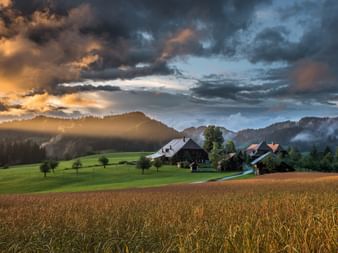 Une ferme dans une prairie. A l'avant de l'image, il y a un champ de blé et dans le ciel, un fantastique jeu de couleurs des nuages dans les tons bleus et bruns.