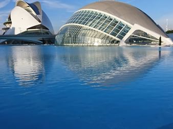 Das Wissenschaftsmuseum in Valencia wirkt so, als würde das Gebäude im Wasser versinken.