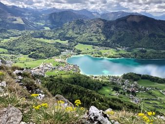 Vue aérienne du lac Fuschl en Autriche avec eau turquoise entourée de montagnes vertes, villages et fleurs sauvages jaunes au premier plan.