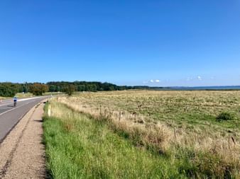 Asphaltierter Radweg mit Radfahrer in der Ferne, gesäumt von goldenem Grasland und Zaun. Ostsee am Horizont unter klarem blauen Himmel.