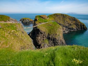Carrick-a-Rede Hängebrücke verbindet grüne Küstenklippen über türkisfarbenem Wasser in County Antrim, Nordirland.